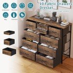 LUMTOK 10-Drawer Dresser, Fabric Storage Dressers for Bedroom, Hallway, Nursery, Closets, Steel Frame, Wood Top, Easy Pull Handle (Rustic Brown)