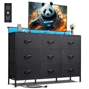 WLIVE Black Dresser TV Stand for 50, 55 inch, Led Dresser for Bedroom, Chest of Drawers with LED Lights, Charging Station, Clothes Storage with 9 Drawers, Wood Top, Living Room, Closet