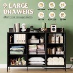 WLIVE Black Dresser TV Stand for 50, 55 inch, Led Dresser for Bedroom, Chest of Drawers with LED Lights, Charging Station, Clothes Storage with 9 Drawers, Wood Top, Living Room, Closet