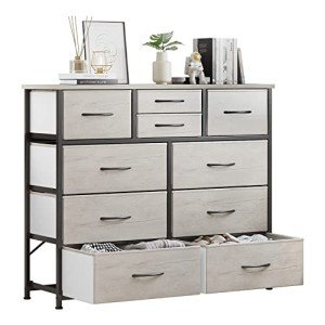 LUMTOK 10-Drawer Dresser, Fabric Storage Dresser Drawers for Bedroom, Hallway, Nursery, Closets, Steel Frame, Wood Top, Easy Pull Handle (Greige)