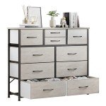 LUMTOK 10-Drawer Dresser, Fabric Storage Dresser Drawers for Bedroom, Hallway, Nursery, Closets, Steel Frame, Wood Top, Easy Pull Handle (Greige)