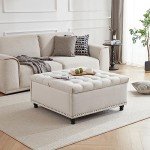 Tbfit Large Square Storage Ottoman Bench, Tufted Upholstered Coffee Table with Lift Top & Solid Wood Legs, Oversized Storage Ottomans Toy Box for Living Room (Beige)