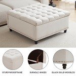 Tbfit Large Square Storage Ottoman Bench, Tufted Upholstered Coffee Table with Lift Top & Solid Wood Legs, Oversized Storage Ottomans Toy Box for Living Room (Beige)