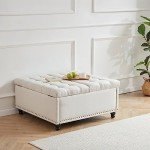 Tbfit Large Square Storage Ottoman Bench, Tufted Upholstered Coffee Table with Lift Top & Solid Wood Legs, Oversized Storage Ottomans Toy Box for Living Room (Beige)