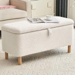 Boucle Storage Ottoman Bench for Bedroom end of Bed, Sherpa Upholstered Shoe Seat Storage Beach for Entryway Bed Foot, Rectangle Cushion Padded Blanket Chest Cute for Living Room, Off White