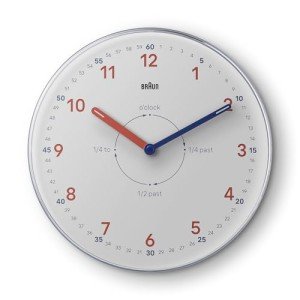 Braun Analogue Time Teacher Wall Clock with Silent Quartz Movement, Easy to Read Dial, 23cm Diameter in White, Model BC26TW.