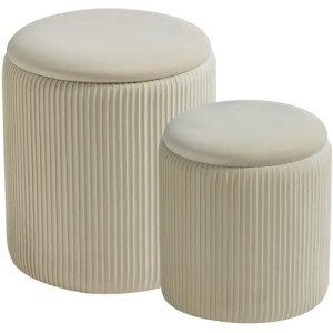 BLEXA Round Set of 2 Ottoman with Storage-Upholstered Velvet Vanity Stool for Makeup Multifunctional Ottomans Coffee Table Padded Seat Foot Rest for Living Room&Bedroomļ¼Whiteļ¼