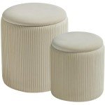 BLEXA Round Set of 2 Ottoman with Storage-Upholstered Velvet Vanity Stool for Makeup Multifunctional Ottomans Coffee Table Padded Seat Foot Rest for Living Room&Bedroom（White）
