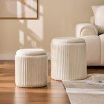 BLEXA Round Set of 2 Ottoman with Storage-Upholstered Velvet Vanity Stool for Makeup Multifunctional Ottomans Coffee Table Padded Seat Foot Rest for Living Room&Bedroom（White）