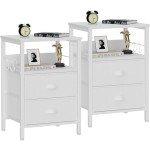 Furologee Nightstands Set 2, End Table with 2 Fabric Drawers, Bedside Table with 2 Hooks, Open Wood Shelf Side Sofa Table for Bedroom/Living Room/Hallway/White