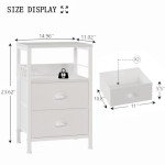 Furologee Nightstands Set 2, End Table with 2 Fabric Drawers, Bedside Table with 2 Hooks, Open Wood Shelf Side Sofa Table for Bedroom/Living Room/Hallway/White