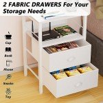Furologee Nightstands Set 2, End Table with 2 Fabric Drawers, Bedside Table with 2 Hooks, Open Wood Shelf Side Sofa Table for Bedroom/Living Room/Hallway/White