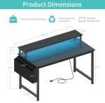 Lufeiya Black Gaming Desk with LED Lights and Power Outlets, 40 Inch Teen Writing Study Table Home Office Desks with Monitor Stand, Computer Desk with Charging Station USB Port, Black