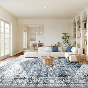 AMADA HOMEFURNISHING 8x10 Washable Area Rug, Low-Profile Large Area Rug with Non-Slip Backing & Durable Edge Binding, Vintage Large Rugs for Living Room, Bedroom, Dinning Room