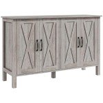 HOMCOM Buffet Cabinet, 47" Sideboard with 4 Barn Doors and 2 Adjustable Shelves, Farmhouse Coffee Bar Cabinet, Gray Wood Grain