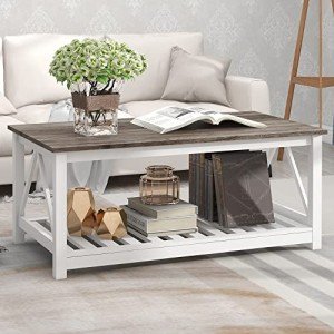 UYIHOME Farmhouse Coffee Table for Living Room, 2-Tier Rectangular Wooden Centre Cocktail Table with Slats Shelf Storage and V-Shaped Frame, Oak Grey