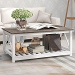 UYIHOME Farmhouse Coffee Table for Living Room, 2-Tier Rectangular Wooden Centre Cocktail Table with Slats Shelf Storage and V-Shaped Frame, Oak Grey