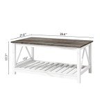 UYIHOME Farmhouse Coffee Table for Living Room, 2-Tier Rectangular Wooden Centre Cocktail Table with Slats Shelf Storage and V-Shaped Frame, Oak Grey