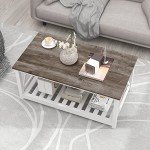UYIHOME Farmhouse Coffee Table for Living Room, 2-Tier Rectangular Wooden Centre Cocktail Table with Slats Shelf Storage and V-Shaped Frame, Oak Grey