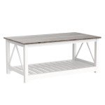 UYIHOME Farmhouse Coffee Table for Living Room, 2-Tier Rectangular Wooden Centre Cocktail Table with Slats Shelf Storage and V-Shaped Frame, Oak Grey