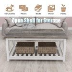UYIHOME Farmhouse Coffee Table for Living Room, 2-Tier Rectangular Wooden Centre Cocktail Table with Slats Shelf Storage and V-Shaped Frame, Oak Grey