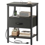 SUPERJARE Nightstand with Charging Station, Bed Side Table with Adjustable Fabric Drawer, Night Stand for Bedroom, 3-Tier Storage End Table, for Living Room, Black