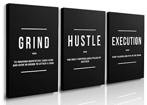 GUBIYU Black Hustle Grind Execution Wall Art Set of 3 Framed Canvas Office Inspirational Motiviational Wall Decor Art Positive Quotes Posters Living Room Pictures Walls Decor for Mens Guys 12"x16"