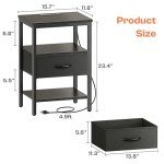 SUPERJARE Nightstand with Charging Station, Bed Side Table with Adjustable Fabric Drawer, Night Stand for Bedroom, 3-Tier Storage End Table, for Living Room, Black