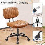 Armless Home Office Desk Chair -Small Ergonomic with Low Back Lumbar Support, Height Adjustable PU Leather Computer Task with 360° Swivel Rolling Wheels, for Small Space, Brown