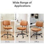 Armless Home Office Desk Chair -Small Ergonomic with Low Back Lumbar Support, Height Adjustable PU Leather Computer Task with 360° Swivel Rolling Wheels, for Small Space, Brown