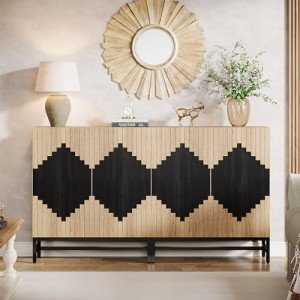 Tribesigns 63'' Farmhouse Sideboard Buffet Cabinet with Storage & Doors, Tall Vintage Credenza Wood Coffee Accent Cabinet for Kitchen, Dining Room, Living Room