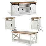 AMERLIFE 4-Piece Farmhouse Table Set Includes Sliding Barn Door TV Stand, Coffee Table& Two End Tables, Side Table with Charging Station and USB Ports, for Living Room, Distressed White, 66"