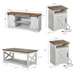 AMERLIFE 4-Piece Farmhouse Table Set Includes Sliding Barn Door TV Stand, Coffee Table& Two End Tables, Side Table with Charging Station and USB Ports, for Living Room, Distressed White, 66"