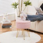 Cplxroc Ottomans Round Faux Fur Ottoman with Storage Footstools Vanity Chair Coffee Table Ottoman for Living Room (Pink)