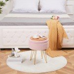 Cplxroc Ottomans Round Faux Fur Ottoman with Storage Footstools Vanity Chair Coffee Table Ottoman for Living Room (Pink)