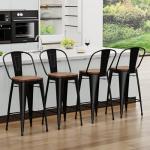 Yongqiang Barstools Set of 4 Counter Height Bar Stools for Kitchen Island Farmhouse Metal High Back Bar Chairs Wooden Seat 24" Matte Black