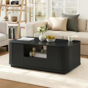 LKTART Coffee Table, 46.5" Mid Century Modern Storage Coffee Table with Door, Center Table with Drawer Wave Pattern for Living Room, Office, Apartment, Black