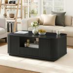 LKTART Coffee Table, 46.5" Mid Century Modern Storage Coffee Table with Door, Center Table with Drawer Wave Pattern for Living Room, Office, Apartment, Black