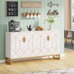 Tribesigns White Gold Storage Cabinet with Door and Adjustable Shelves for Living Room, Modern Floor Cabinets Long Sideboard Buffet Golden Coffee Bar with 4 Doors Metal Frame for Home Office Kitchen