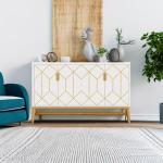 Tribesigns White Gold Storage Cabinet with Door and Adjustable Shelves for Living Room, Modern Floor Cabinets Long Sideboard Buffet Golden Coffee Bar with 4 Doors Metal Frame for Home Office Kitchen