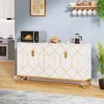 Tribesigns White Gold Storage Cabinet with Door and Adjustable Shelves for Living Room, Modern Floor Cabinets Long Sideboard Buffet Golden Coffee Bar with 4 Doors Metal Frame for Home Office Kitchen