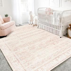 Nursery Rug for Baby Girl,Neutral Blush Pink Boho Cute Floral Foldable Machine Washable Soft Faux Wool Carpet Area Rugs for Living Room Bedroom Dorm Kids Playroom,5x7