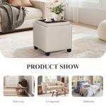 COLAMY Fabric Square Storage Ottoman with Reversible Tray Lid – Multi-Functional Footrest, Hidden Storage, Sturdy & Stylish Small Coffee Table for Living Room, Bedroom, or Entryway(Beige)