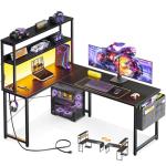 ODK 53 Inch L Shaped Desk with LED Lighting, Reversible Gaming Desk with Power Outlets, Cornor Computer Table with Storage Shelves & Bag & Iron Hook, Home Office Table for Writing, Study, Black