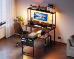 ODK 53 Inch L Shaped Desk with LED Lighting, Reversible Gaming Desk with Power Outlets, Cornor Computer Table with Storage Shelves & Bag & Iron Hook, Home Office Table for Writing, Study, Black