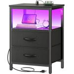 Huuger Night Stand with Charger Station and LED Lights, 2 Drawer Nightstand, Bed Side Table with Open Shelf, End Table, Fabric Dresser for Bedroom, Black
