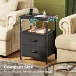 Huuger Night Stand with Charger Station and LED Lights, 2 Drawer Nightstand, Bed Side Table with Open Shelf, End Table, Fabric Dresser for Bedroom, Black