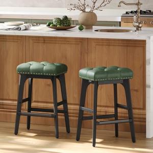 VASAGLE Bar Stools Set of 2, Saddle Counter Height Bar Stools, 26-Inch Backless Kitchen Stools with Wood Legs, PU Leather Thickened Upholstered Barstools for Kitchen Island Dining Room, Forest Green