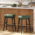 VASAGLE Bar Stools Set of 2, Saddle Counter Height Bar Stools, 26-Inch Backless Kitchen Stools with Wood Legs, PU Leather Thickened Upholstered Barstools for Kitchen Island Dining Room, Forest Green