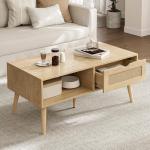 ZttRiee Coffee Table with Storage, Boho Dining Table with Rattan Drawer and Solid Wood Legs, Small Coffee Tables for Living Room, Oak